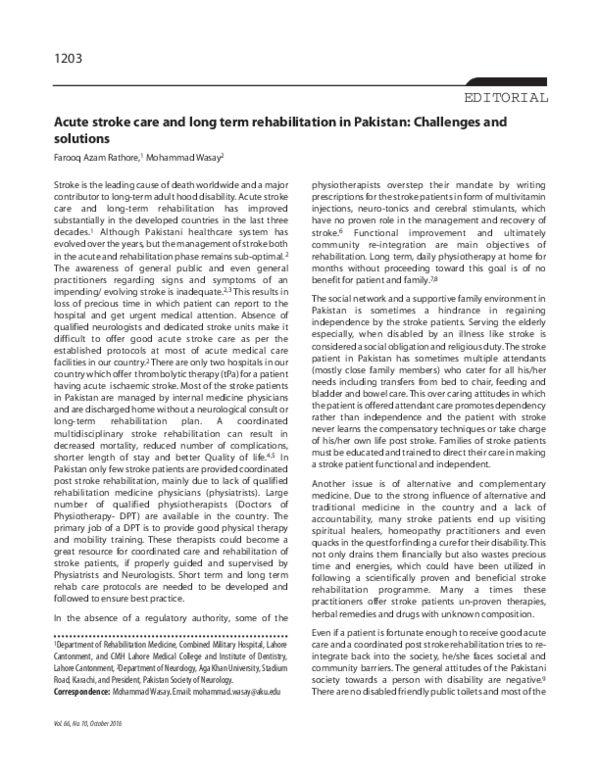 (PDF) Acute stroke care and long term rehabilitation in Pakistan ...