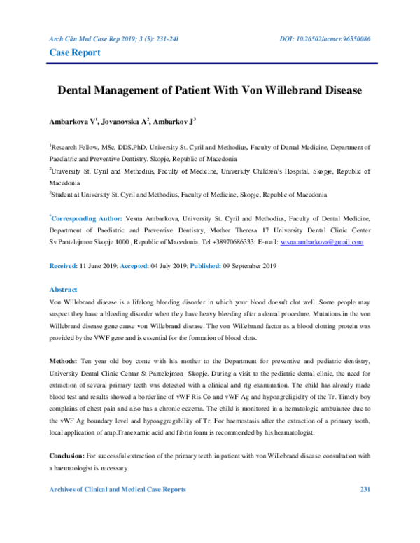 (PDF) Dental management of patient with von willebrand disease