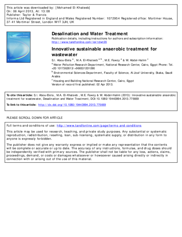 (PDF) Desalination and Water Treatment Innovative sustainable anaerobic ...