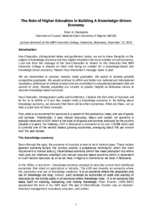 (PDF) The Role of Higher Education in Building A Knowledge-Driven Economy