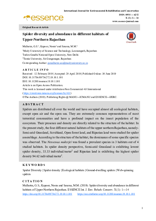 (PDF) Spider diversity and abundance in different habitats of Upper ...