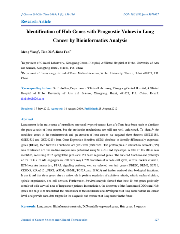 (PDF) Identification of Hub Genes with Prognostic Values in Lung Cancer ...