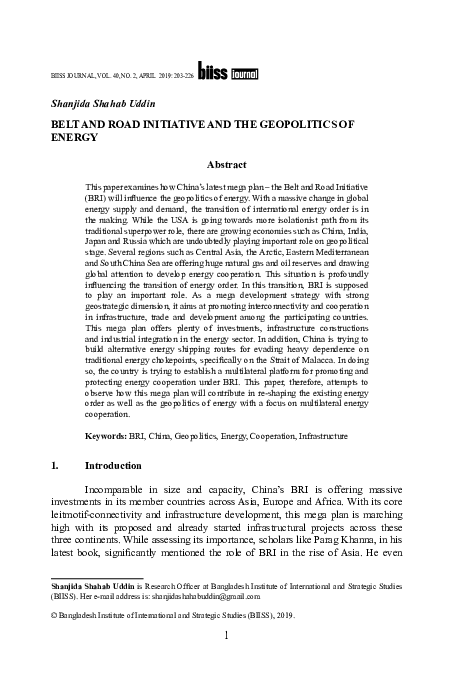 Pdf Belt And Road Initiative And The Geopolitics Of Energy