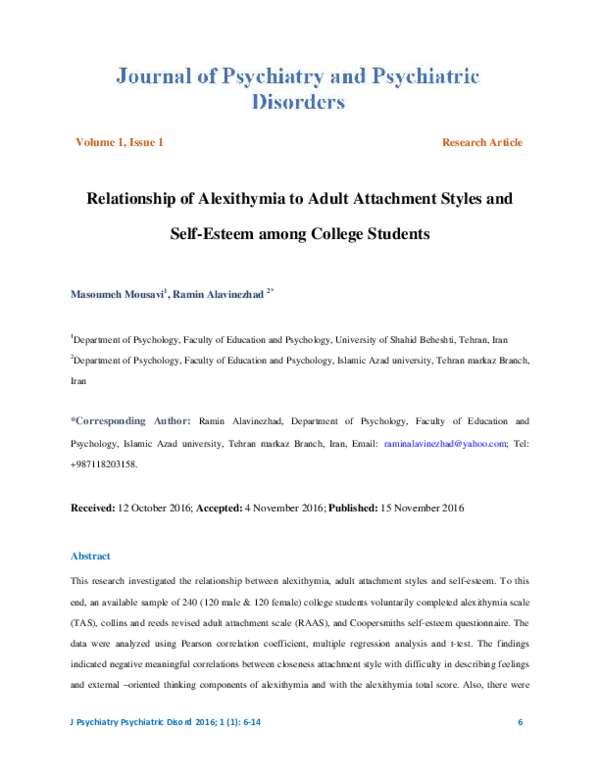 (PDF) Relationship of Alexithymia to Adult Attachment Styles and Self ...