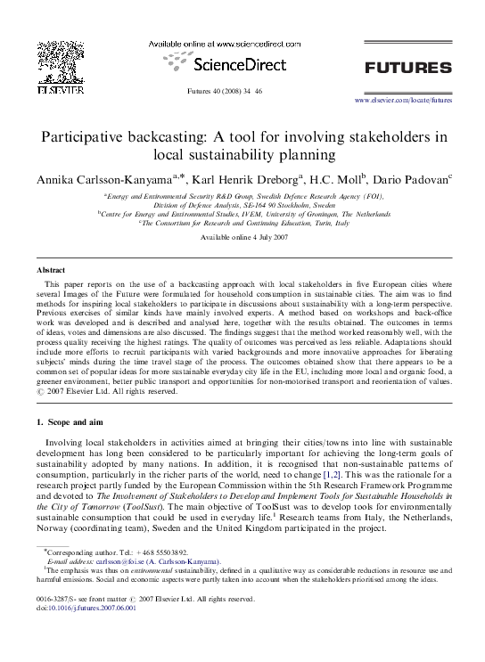 (PDF) Participative backcasting A tool for involving stakeholders in