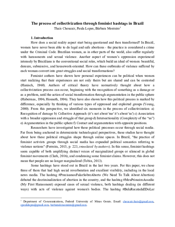 (PDF) Collectivism and Reasoning The Role of Feminist Hashtags in the