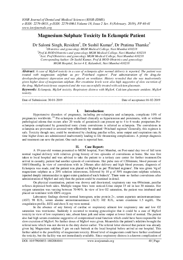 (PDF) Magnesium Sulphate Toxicity In Eclamptic Patient IOSR Journals