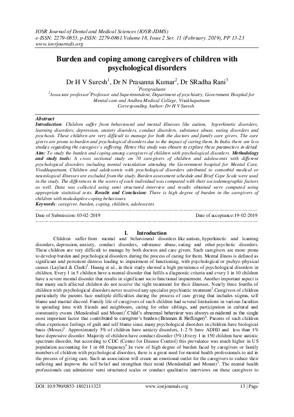 (PDF) Burden and coping among caregivers of children with psychological ...