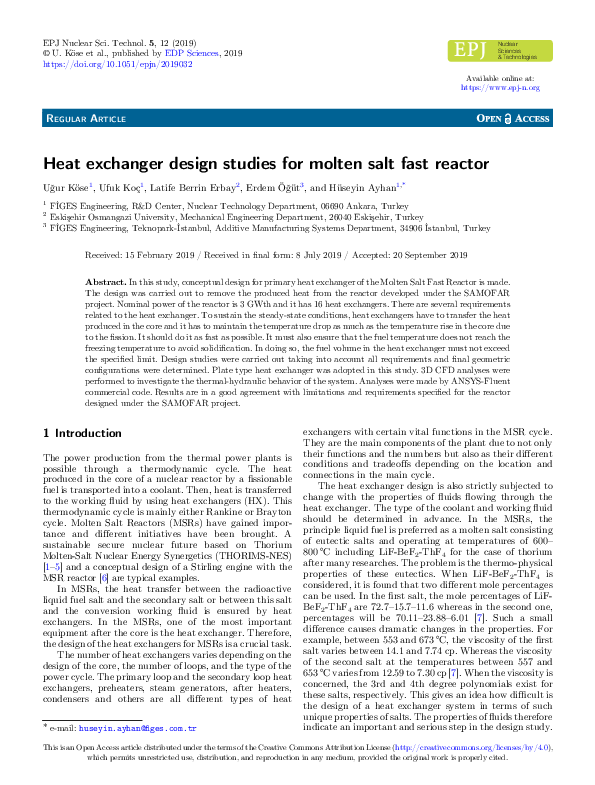 (PDF) Heat exchanger design studies for molten salt fast reactor