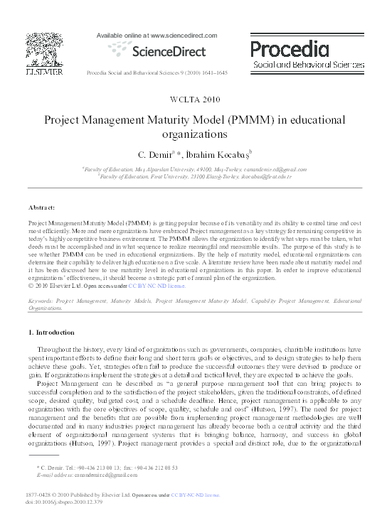 (PDF) Project Management Maturity Model (PMMM) in educational organizations