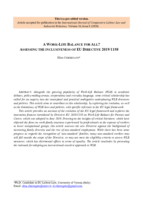 (PDF) A Work-Life Balance for All? Assessing the Inclusiveness of EU ...