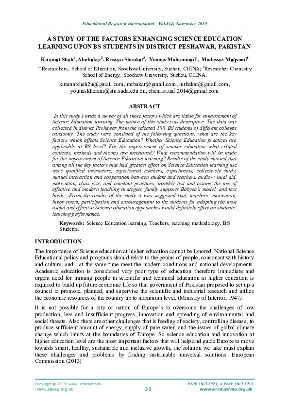 (PDF) A STYDY OF THE FACTORS ENHANCING SCIENCE EDUCATION LEARNING UPON ...