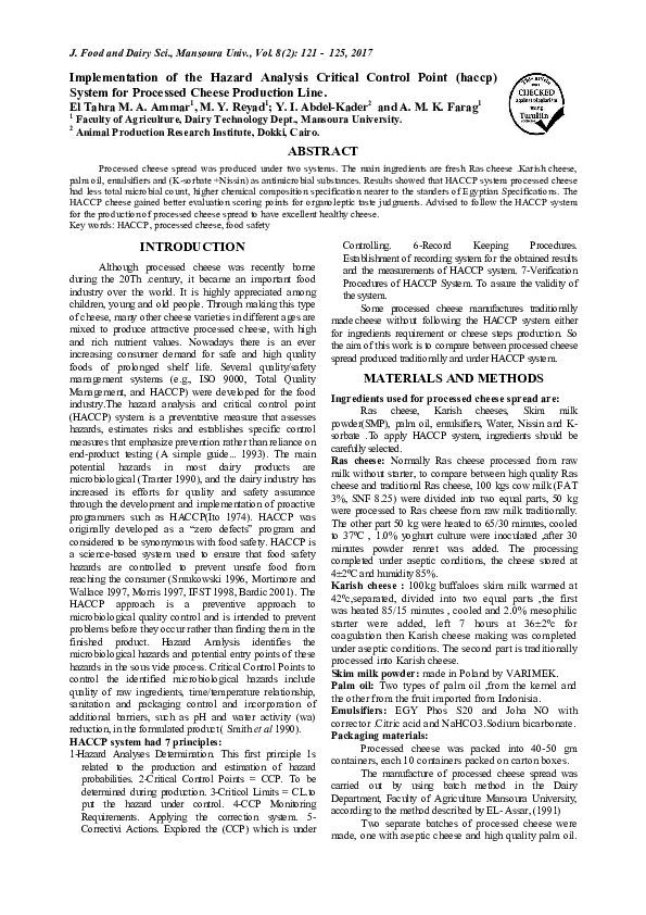 (PDF) Implementation of the Hazard Analysis Critical Control Point