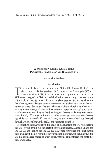 First page of “A Mīmāṁsaka Reading Kṛṣṇa's song: Pārthasārathi Miśra And the Bhagavad-gītā”