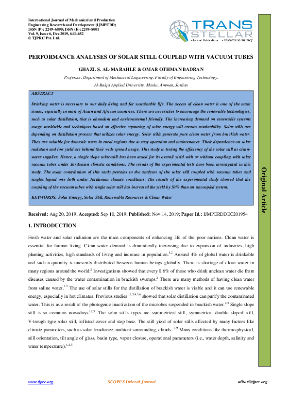 (PDF) PERFORMANCE ANALYSES OF SOLAR STILL COUPLED WITH VACUUM TUBES
