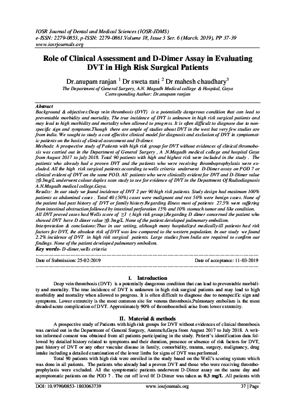 (PDF) Role of Clinical Assessment and DDimer Assay in Evaluating DVT