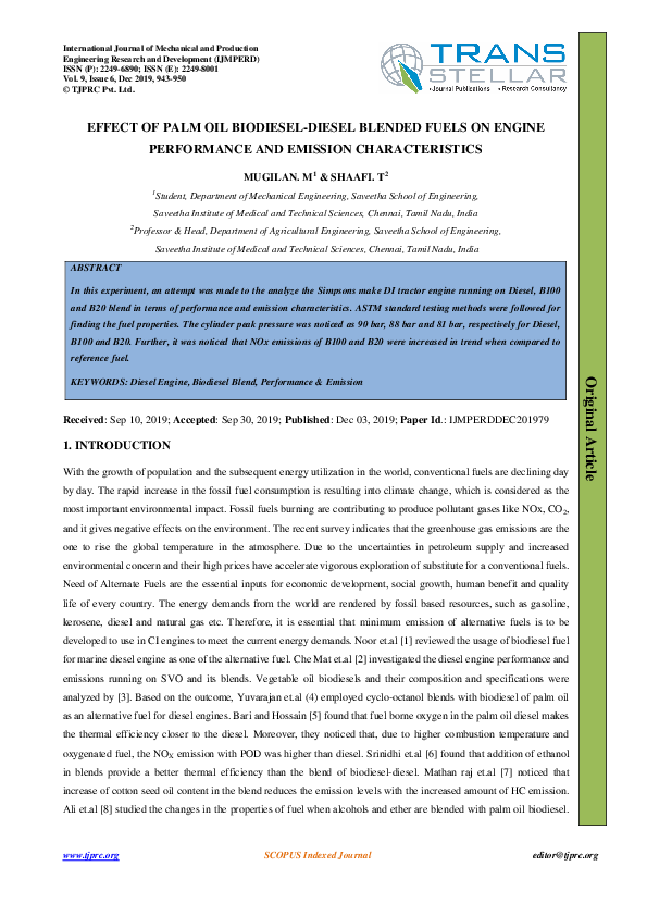 (PDF) EFFECT OF PALM OIL BIODIESEL-DIESEL BLENDED FUELS ON ENGINE ...
