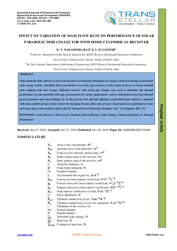 (PDF) EFFECT OF VARIATION OF MASS FLOW RATE ON PERFORMANCE OF SOLAR ...