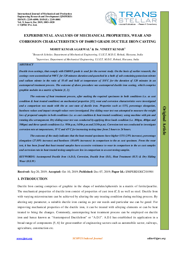 (PDF) EXPERIMENTAL ANALYSIS OF MECHANICAL PROPERTIES, WEAR AND ...