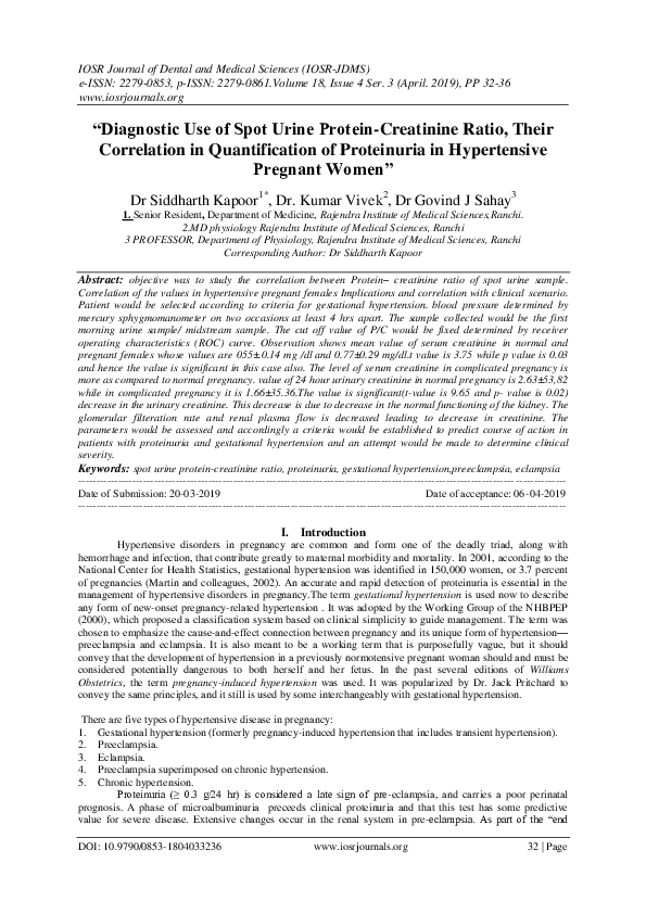 (PDF) "Diagnostic Use of Spot Urine ProteinCreatinine Ratio, Their