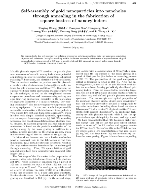 (PDF) Self-assembly of gold nanoparticles into nanoholes through ...