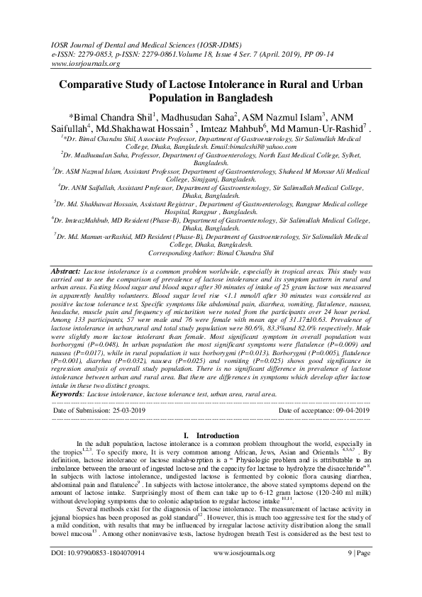 (PDF) Comparative Study of Lactose Intolerance in Rural and Urban