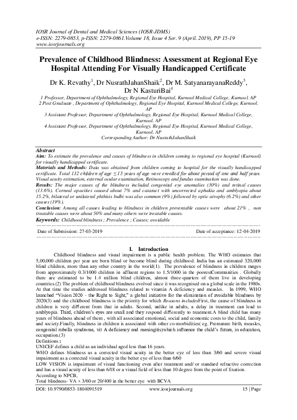 (PDF) Prevalence of Childhood Blindness Assessment at Regional Eye