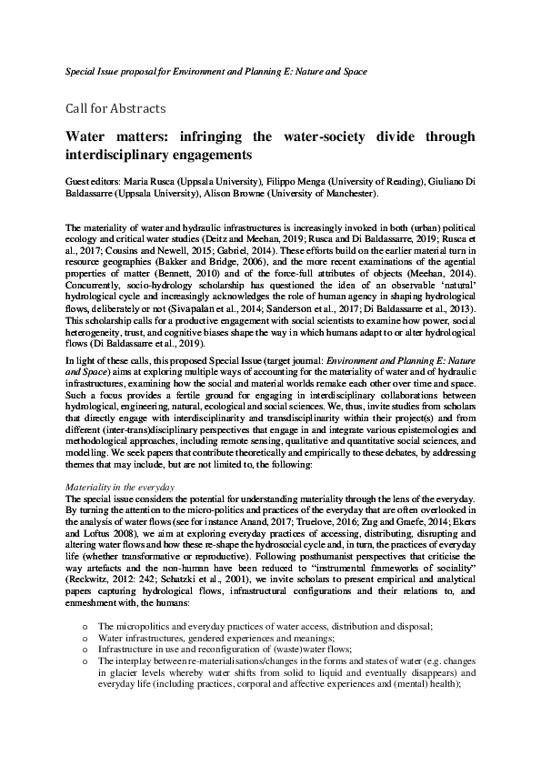 (PDF) Call for Abstracts: Water matters infringing the water-society ...