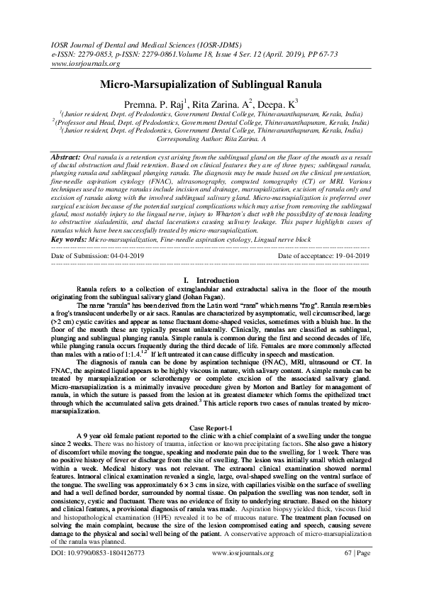 (PDF) Micro-Marsupialization of Sublingual Ranula