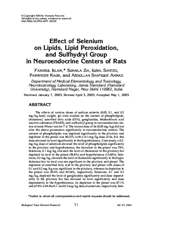(PDF) Effect of Selenium on Lipids, Lipid Peroxidation, and Sulfhydryl