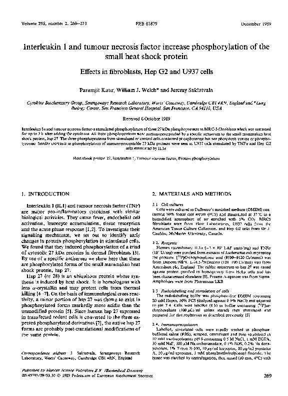 (PDF) Interleukin 1 and tumour necrosis factor increase phosphorylation ...