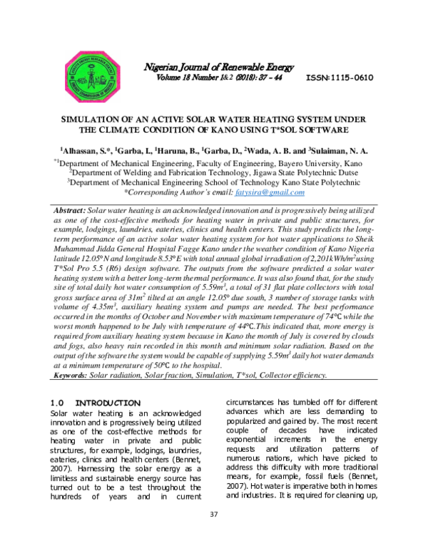 (PDF) SIMULATION OF AN ACTIVE SOLAR WATER HEATING SYSTEM UNDER THE ...