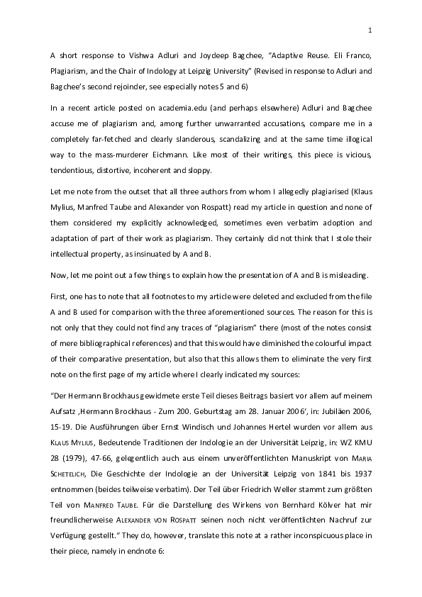 A short response to Vishwa Adluri and Joydeep Bagchee, “Adaptive Reuse. Eli Franco, Plagiarism, and the Chair of Indology at Leipzig University” (Revised)