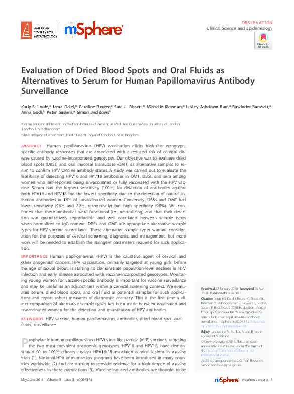 (PDF) Evaluation of Dried Blood Spots and Oral Fluids as Alternatives ...