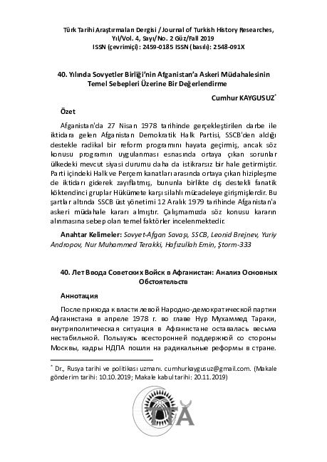 (PDF) 40. yılında Sovyetler Birliği'nin Afganistan'a Askeri ...