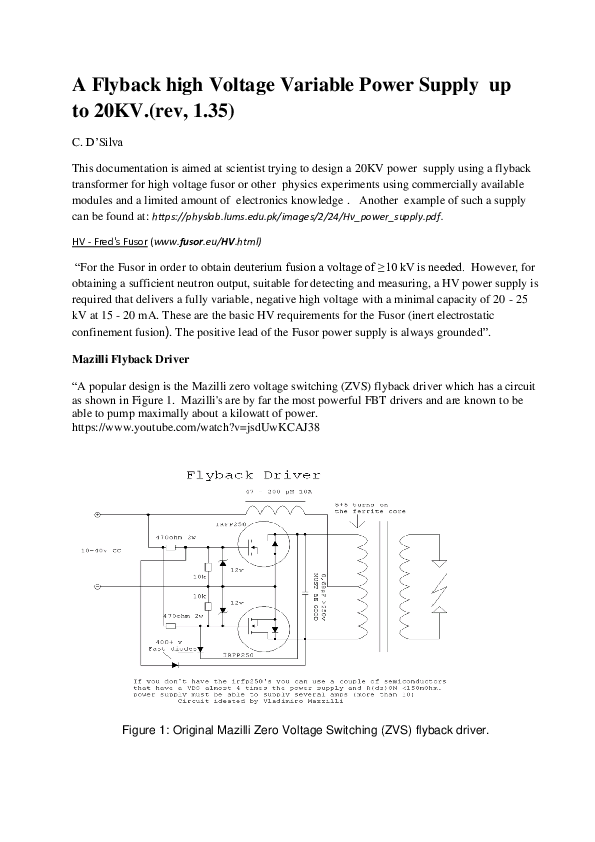 (DOC) A Flyback high Voltage Variable Power Supply up to 20KV.(rev, 1.35)