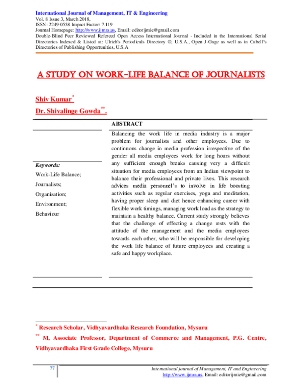 (PDF) A STUDY ON WORK-LIFE BALANCE OF JOURNALISTS IN MEDIA INDUSTRY