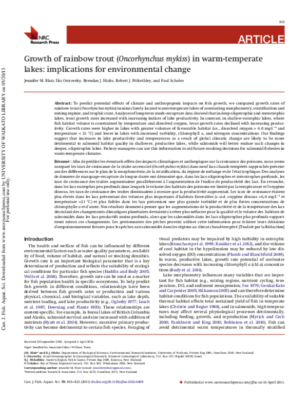 (PDF) ARTICLE Growth of rainbow trout (Oncorhynchus mykiss) in warm