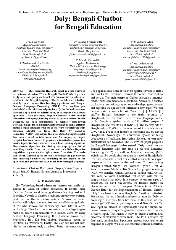 Pdf Doly Bengali Chatbot For Bengali Education Md Kowsher And Mirmd Moheuddin Khan Academia Edu