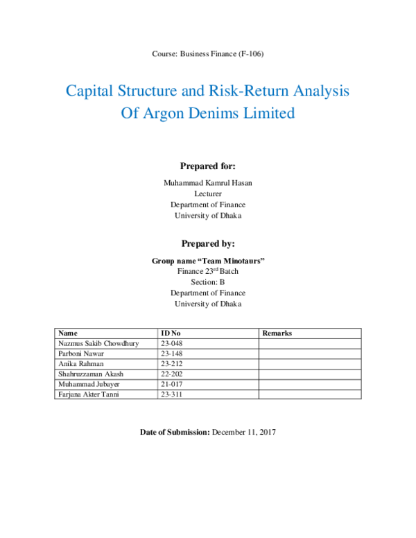 (PDF) Capital Structure and Risk-Return Analysis Of Argon Denims Limited