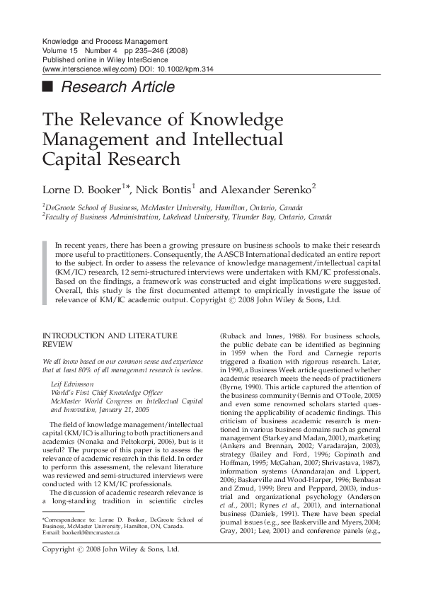 (PDF) The relevance of knowledge management and intellectual capital ...