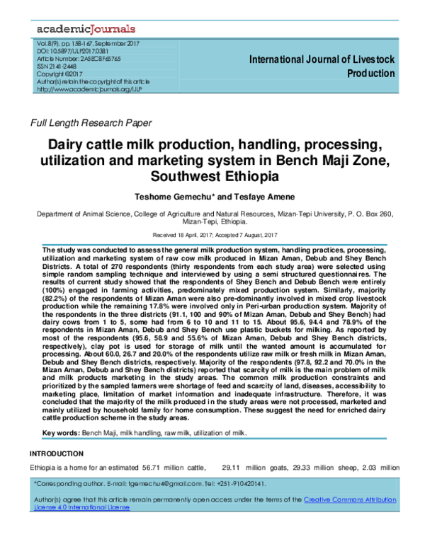 (PDF) International Journal of Livestock Production Dairy cattle milk production, handling