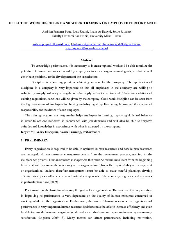 (DOC) EFFECT OF WORK DISCIPLINE AND WORK TRAINING ON EMPLOYEE PERFORMANCE