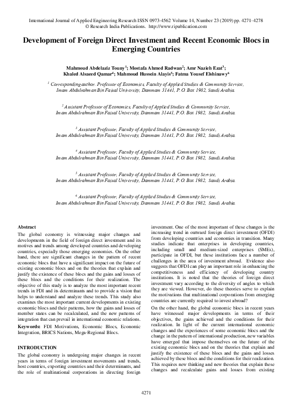 (PDF) Development of Foreign Direct Investment and Recent Economic