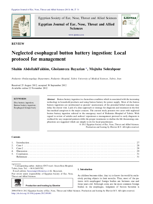 (PDF) Neglected esophageal button battery ingestion Local protocol for