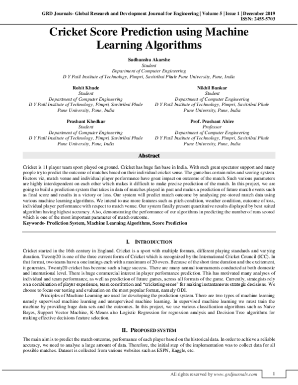 (PDF) Cricket Score Prediction using Machine Learning Algorithms GRD