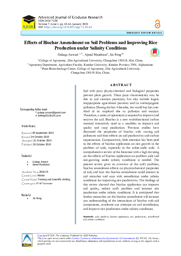 (PDF) Effects of Biochar Amendment on Soil Problems and Improving Rice ...