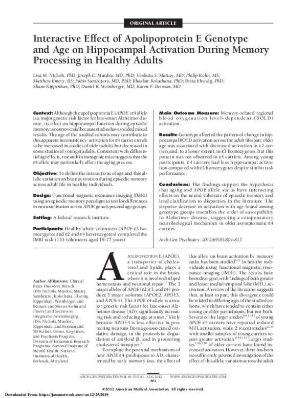 (PDF) Interactive Effect of Apolipoprotein E Genotype and Age on ...