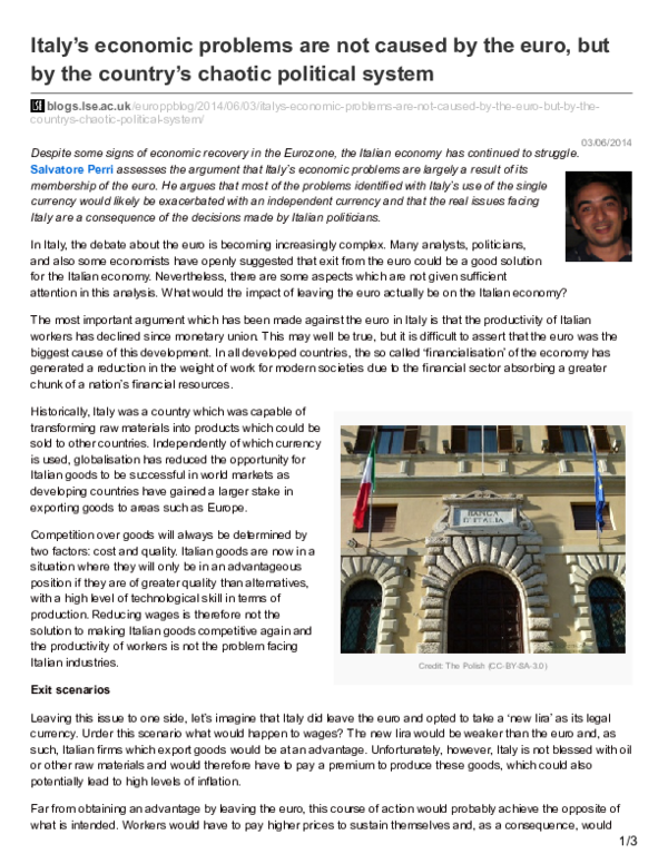 (PDF) Italy’s economic problems are not caused by the euro, but by the ...