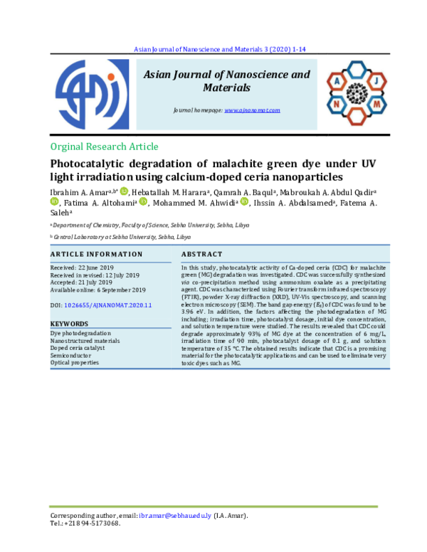 (PDF) Photocatalytic degradation of malachite green dye under UV light ...
